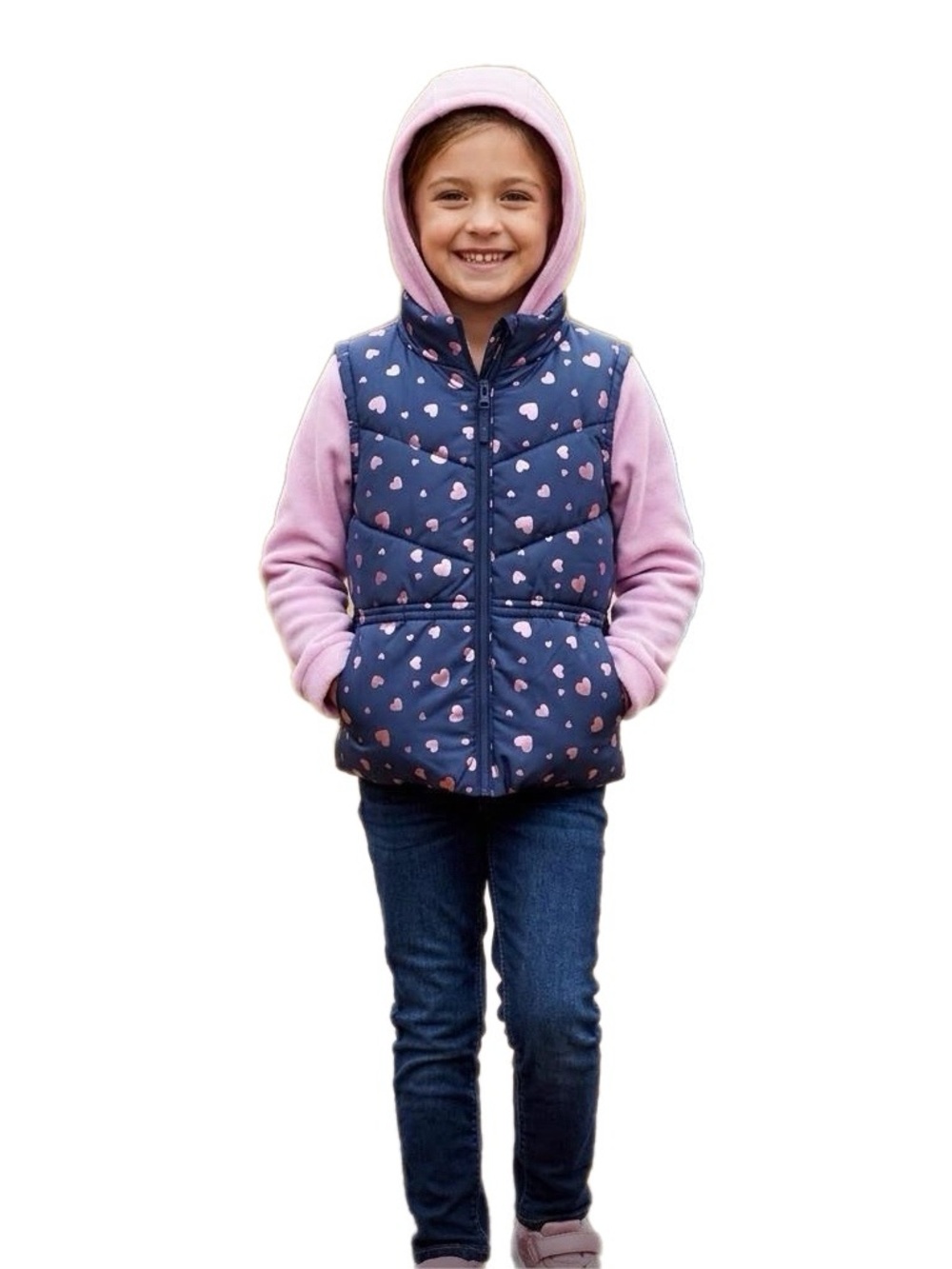 Girls Hooded Pink and Navy Puffer/Sweatshirt Jacket with Heart Design
